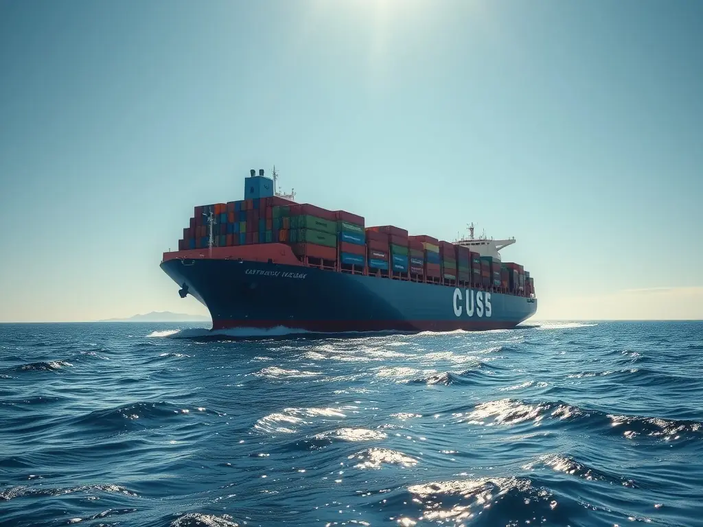 A high-angle shot of a cargo ship at sea, filled with containers, under a clear blue sky, symbolizing Snap Pack Company's sea transportation solutions.
