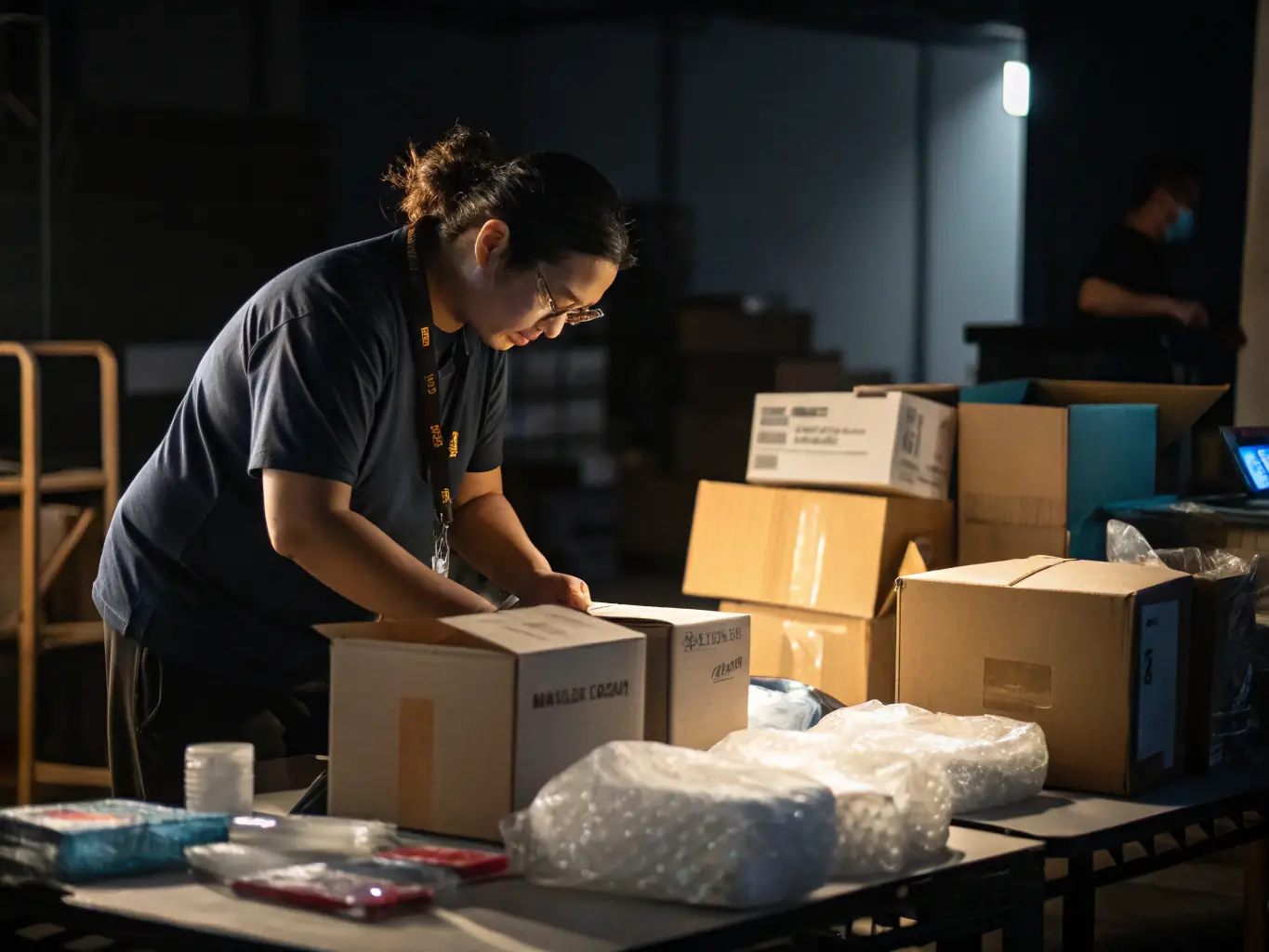 A close-up shot of a worker carefully packaging items in a box with protective materials, highlighting Snap Pack Company's attention to detail in packaging services.
